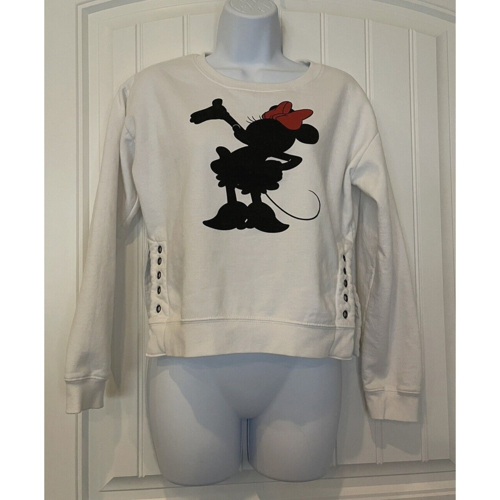 Disney Minnie Mouse Sweatshirt Size Small Lace Up Side Graphic White Long Sleeve